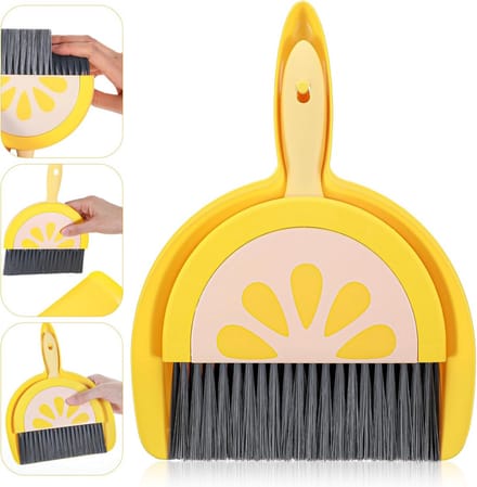 Mini Handveger Schep - Tafel Bezem Set - Snel Opruimen - Lichtgewicht Compact - 23.5 x 20 cm - Geel