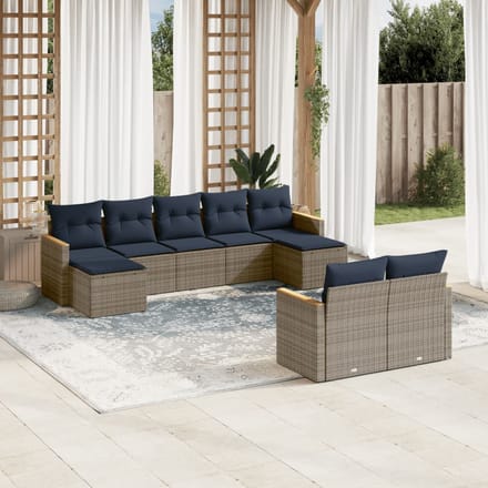 vidaXL - 9-delige - tuinbankset - met - kussens, - grijs - polyrotan