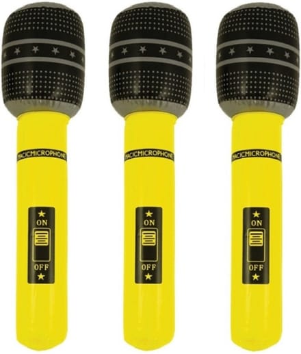 Set van 3x stuks opblaasbare microfoon neon geel 40 cm - Speelgoed microfoon - Popster verkleed accessoire - Feestartikelen