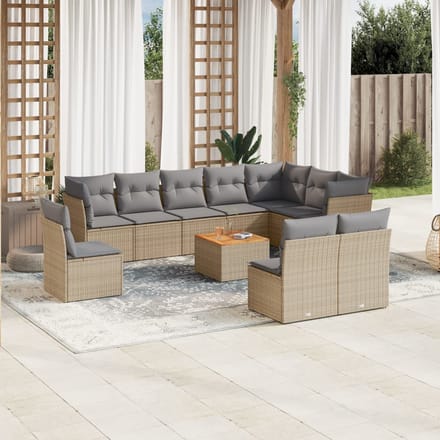vidaXL - 11-delige - Tuinset - met - kussens - poly - rattan - beige
