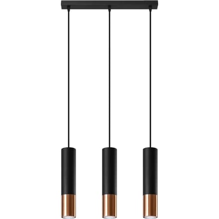 Hanglamp LOOPEZ 3L met 3 buisvormige kappen in lijn - Sollux Lighting - IP20 - Zwart/koper staal behuizing - 45 x 6 x 90 cm - 3 x GU10 LED, exclusief lichtbron - 3 x 10 W - Moderne hanglamp voor woonkamer, slaapkamer en eetkamer