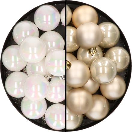 32x stuks kunststof kerstballen mix van parelmoer wit en champagne 4 cm - Kerstversiering