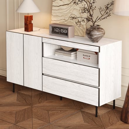 MODFU - Sideboard - Greeploos Met Dubbele Deuren, Dubbele Laden En Open Vakken - Minimalistisch - Voor Woonkamer En Eetkamer - Spaanplaat - Wit