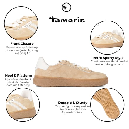 Tamaris Dames Beige Wit Leren Fashion Gestreepte Veterschoenen