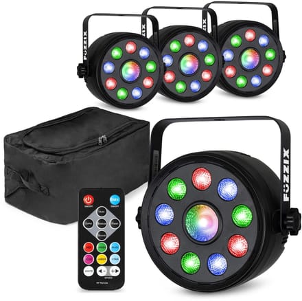 Fuzzix set van 4 PLF15 Party LED parren in flightbag - 9x 2W RGB LED’s en 6W centrale LED - Met DMX