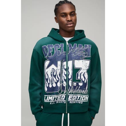Oversized Boxy OFCL Men's Spray Wash Zip Through Hoodie | Forest | Size Medium