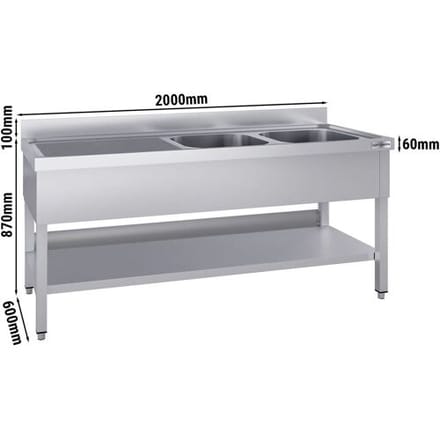 GGM Gastro Spültisch ECO - 2000x600mm - mit Grundboden - mit 2 Becken rechts Zilver