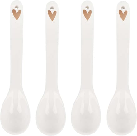 Zusss Set Van 4 Lepeltjes Hartje Wit/Goud Aardewerk Wit/Goud