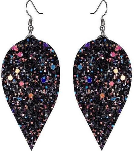 Fako Bijoux® - Oorbellen - Omgekeerde Druppel - Glitter - Kunstleer - Zwart
