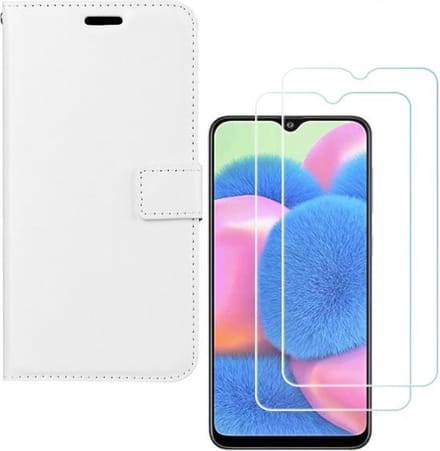 Bookcase hoesje Geschikt voor: Samsung Galaxy A50S Portemonnee Wit met 2 stuks Glas Screen protector