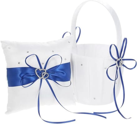 Bruiloft Set - Ringkussen Mand - Huwelijksceremonie - Dubbel Hart Ontwerp - 23x12 cm - Wit Blauw