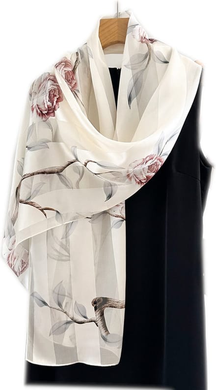 Zijden Sjaal - Bloesem Print - Wit/Bordeaux - 170cm
