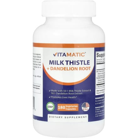 Vitamatic, milk thistle + dandelion root, 180 veggie capsules