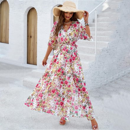 Dames Lente- en Zomer Temperament Elegant Bedrukte Taille-omsluitende Jurk XL gray