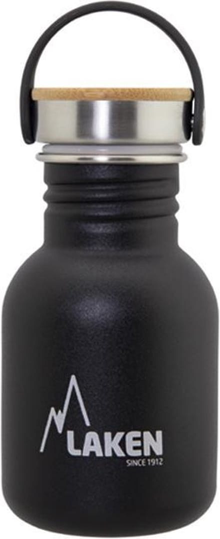 RVS fles 0,35L Basic Steel Bottle Zwart - Bamboo Cap - Laken - roestvrij staal - waterfles - drinkfles