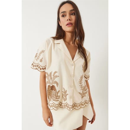 Geborduurd Katoenen Shirt met Knopsluiting