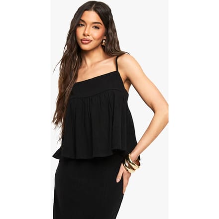 boohoo Dames Linnen Look Peplum Cami | Black | Maat: 6
