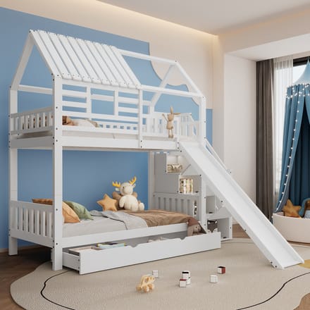 MODFU - Stapelbed 90x200 cm – Met glijbaan & opbergtrap – Huisjesdesign – Wit