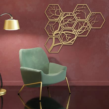 Metalen Wanddecoratie Levensboom – 3D Wandkunst – Goud – 80 x 99 cm – Set van 8