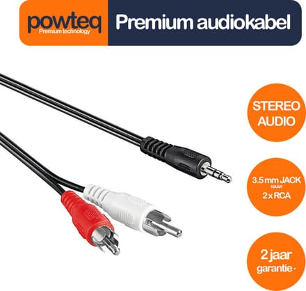 Powteq - 5 meter premium audiokabel - 2x RCA naar 3.5 mm jack (hoofdtelefoonaansluiting) - Stereo