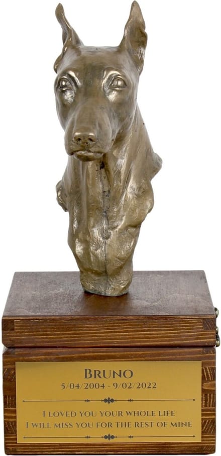 Miniatuur Pinscher urn hond met beeldje - gepersonaliseerde hondenurn