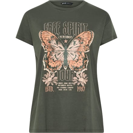 Yours Kakigroen 'Free Spirit' Tshirt Met Vlinderversiering Size 44