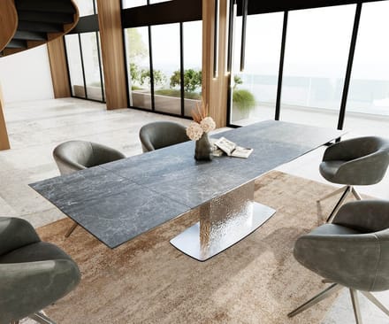 Eetkamertafel Edge keramiek Laminam®Nero Greco grijs 200-300x100 Wave RVS uitschuifbaar