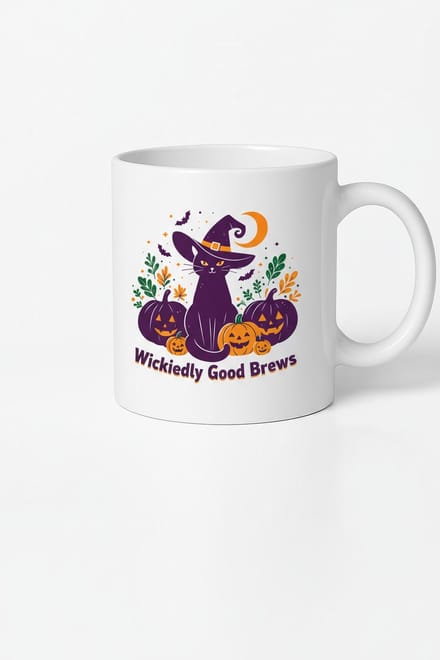 Halloween Mok "Wickedly Good Brews" - Zwarte Kat en Pompoenen