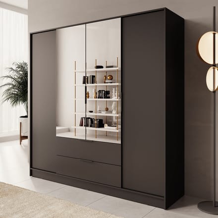 Meubella - Kledingkast Kaelum - Zwart - 206 cm - Met spiegel