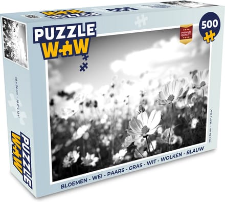 Puzzel Bloemen - Wei - Paars - Gras - Wit - Wolken - Blauw - Legpuzzel - Puzzel 500 stukjes