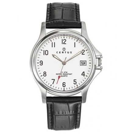 Certus-Duidelijk heren horloge-Datumaanduiding-Zwart lederen band.