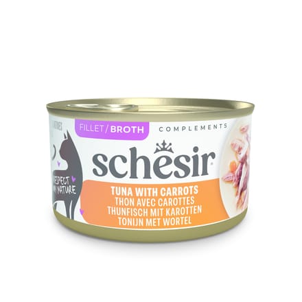 12x 70g Schesir Complements in Brühe Thunfisch mit Karotten Katzenfutter nass