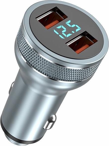 DrPhone Invisible3 - 2x USB QC3.0 3A/9V Autolader - Snel Opladen -12-24V- 36W met Digitale Display Spanningsdetectie - Zilver