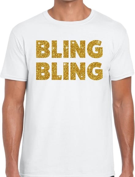Bellatio Decorations Bling Bling T-shirt - wit - gouden glitter tekst - heren - Verkleed shirt - cadeau M