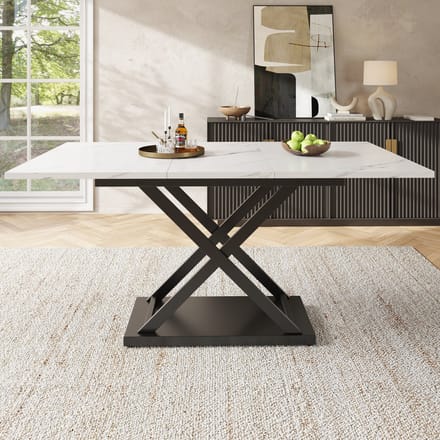 MODFU Uitschuifbare eettafel 120-160×80 cm | gemarmerd MDF, zwarte kruispoten, multifunctioneel