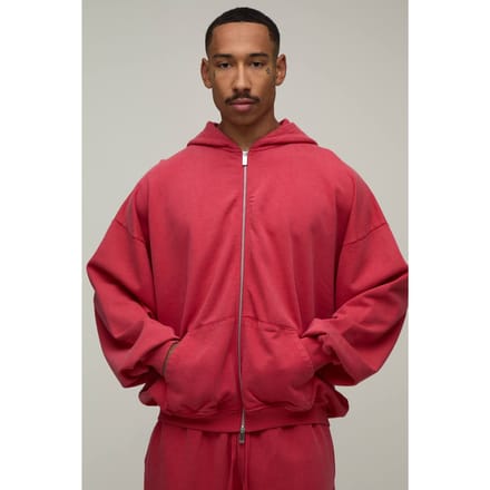 Oversized Boxy Hoodie Met Verlaagde Schouders, Loopback Wassing En Rits | Red | Size Small