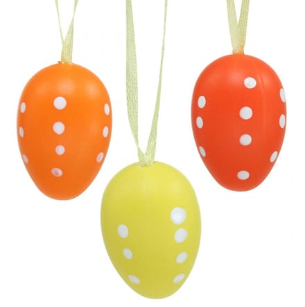 Mini paasei om op te hangen gestippeld geel, rood, oranje H4cm 24 st,
