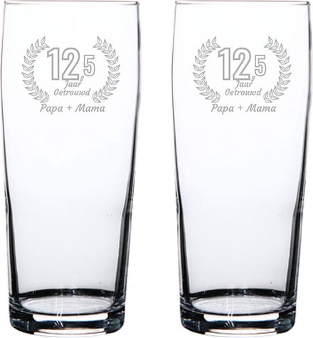 Gegraveerde set bierfluitjes 19cl Papa + Mama 12,5 jaar getrouwd