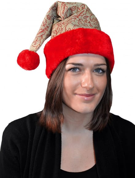 Luxe kerstmuts beige/rood met glitters en pluche voor volwassenen - Kerstaccessoires/kerst verkleedaccessoires