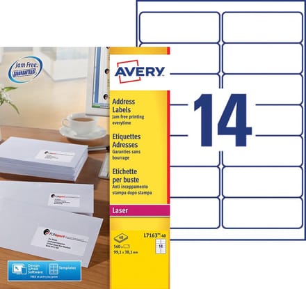 Avery L7163, Adresetiketten, Laser, Ultragrip, wit, 40 vellen, 14 per vel, 99,1 x 38,1 mm 5 stuks