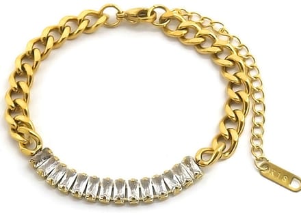 Dubbele Armband - Gourmetschakels en Kralen - RVS - Lengte 16-19 cm - Goudkleurig