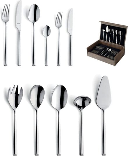 Amefa Ventura 78-delige Bestekset – 12 Personen – Satijn – In Luxe Houten Cassette-Hoogwaardig 18/10 chroomnikkelstaal