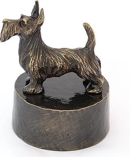 Honden urn verbronsd Schotse terrier