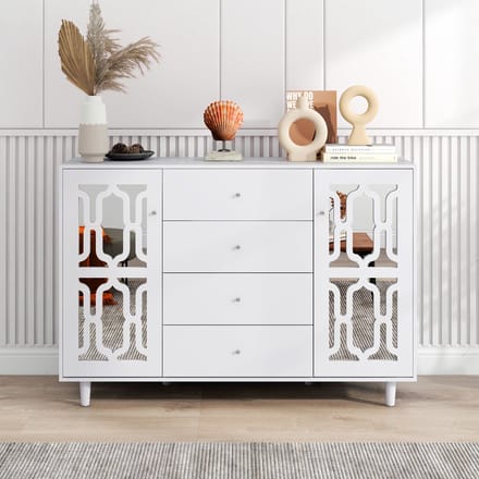 Dressoir - 147,5x40x102 cm - Spiegel Dressoir Met Kristalgrepen - Met Glazen Deuren - MDF - Wit