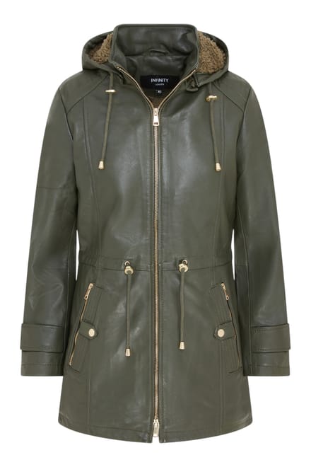 Dames groene leren parka met afneembare borg capuchon en trenchcoat - Trekker