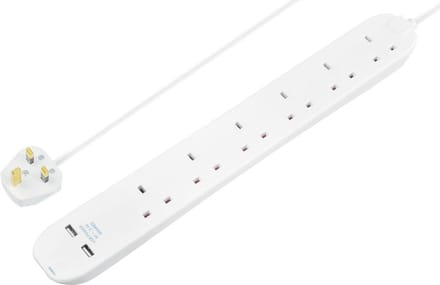 6-weg verlengsnoer met USB-oplaadpoorten - 2 m 13 A