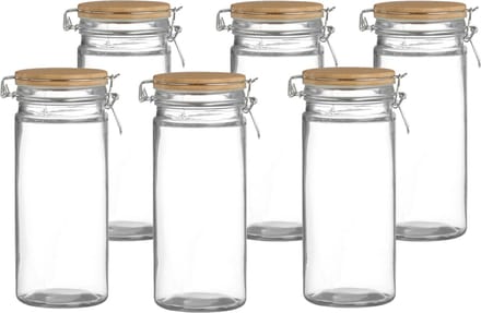 Urban Living Voorraadpot/bewaarpot- 6x - 1,3L - glas - met beugelsluiting - bamboe deksel