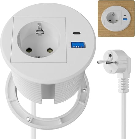 Tafelaansluiting met USB-C PD20W en USB-aansluiting, Inbouwdoos met 2 m Kabel, Wit