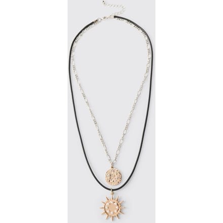 Double-Layered Necklace with Sunburst and Medallion | Gold