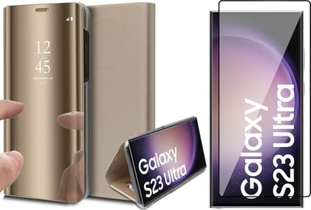 Hoesje geschikt voor Samsung Galaxy S23 Ultra - Screen Protector FlexGuard - Book Case Spiegel Goud & Screenprotector